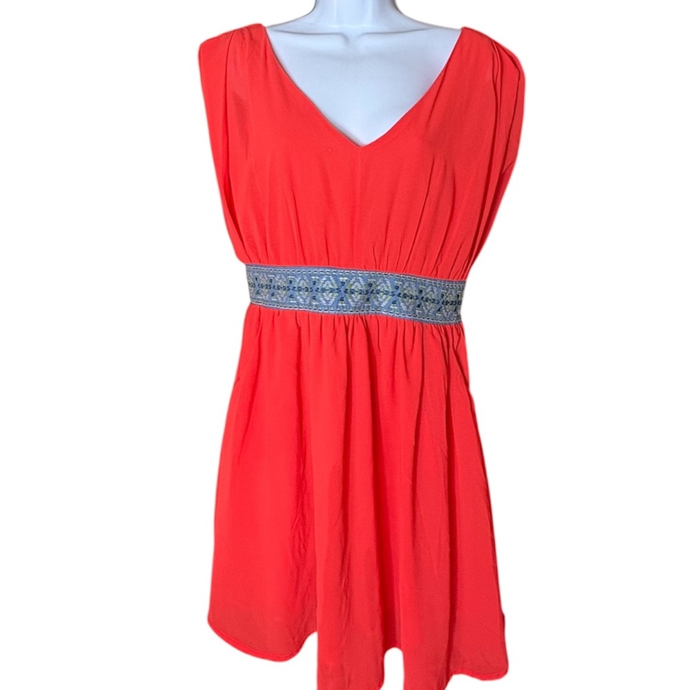 Alya Bright Coral Orange Dress, Short, V-Neck, Gray Waistband, Cross Back, S, M